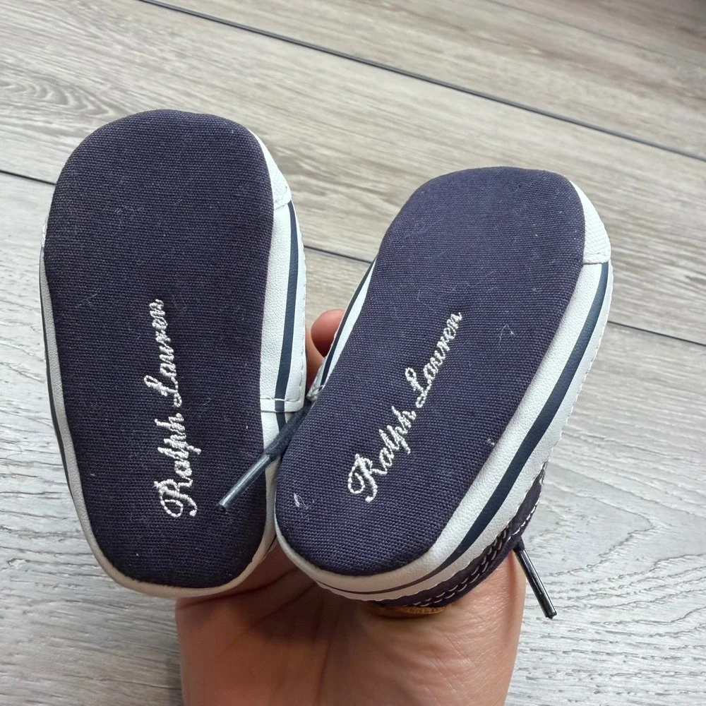 Polo Ralph Lauren Boys Crib Shoes Canvas Leather Trim Navy Blue Size 2